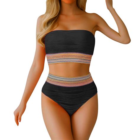 Wiueurtly Bikini Sets For Women High Waisted Bandeau Set Strapless Ribbed Longline Full Coverage