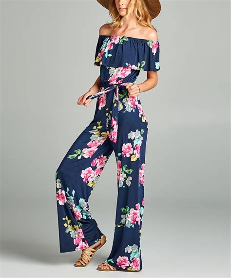 Navy Floral Off Shoulder Jumpsuit Vestidos