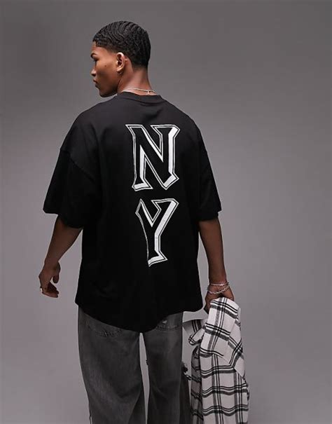 Topman Extreem Oversized T Shirt Met Grote Ny Letterprint Op De Voor En Achterkant In Zwart