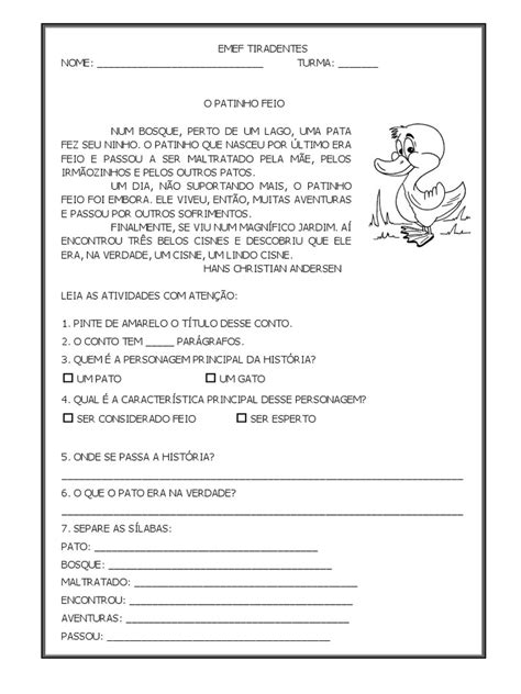 Texto O Patinho Feio - O Patinho Feio - Resumo e atividades | PDF
