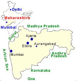 Map of Ajanta and Ellora caves around Aurangabad, India.