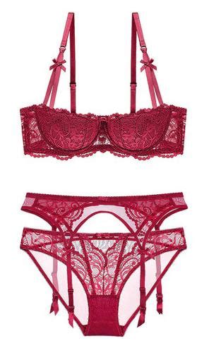 Ensemble lingerie fine 3pcs rouge vin à dentelle sous vêtement sexy