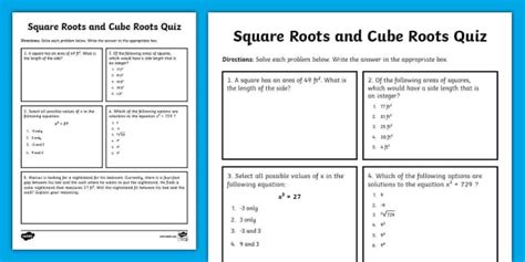 Eighth Grade Square Roots And Cube Roots Quiz Teacher Made