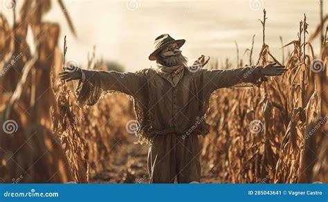 A Scarecrow With Open Arms Guarding A Cornfield Scarecrow Stands On