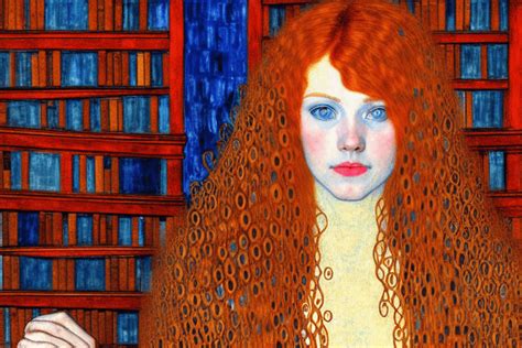 Sepia Toned Curly Red Hair Blue Eyed Woman In Ancient Library In Style