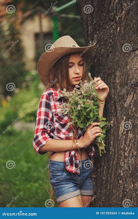 Beautiful Young Cowgirl With Long Hair Stock Image Image Of Clothing