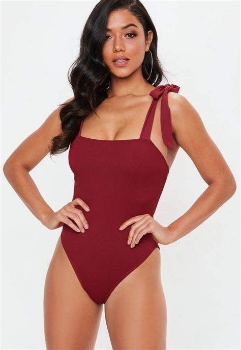 Missguided Burgundy Rib TIe Shoulder Square Neck Swimsuit Bikini For