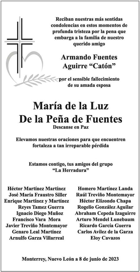 Sra Mar A De La Luz De La Pe A De Fuentes Obituario Esquela