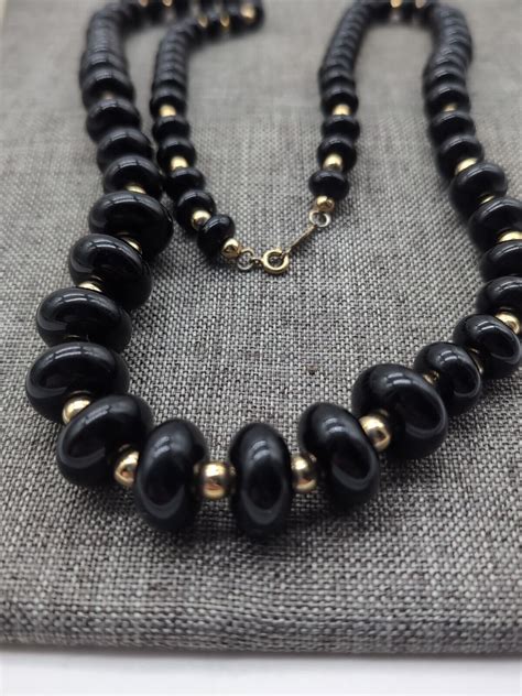 Napier Signed Black Gold Tone Bead Strand Necklace Gem