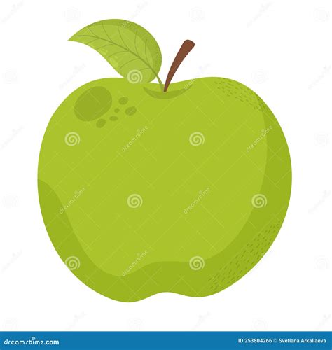 Vector Illustration Green Apple With Stem And Leaf Healthy Vegetarian