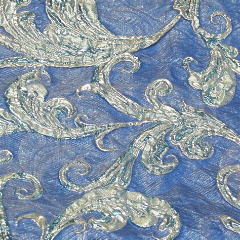 Tissu Brocart Feuillage Baroque Argent Turquoise Fond Bleu Vendu Au