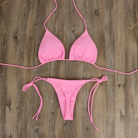 Conjunto de Bikini rosa para mujer traje de baño Sexy de dos piezas tangas de color liso
