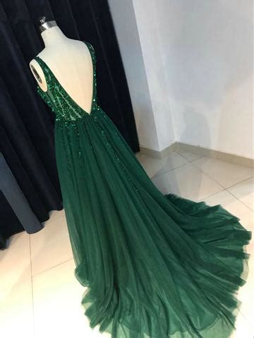 V Neck Long Dark Green Prom Dress With Beads On Luulla