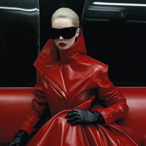 Premium Ai Image A Woman In A Red Dress And Sunglasses Sits On A Red Car