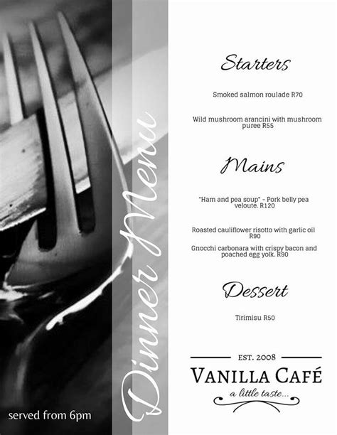 Menu at Vanilla Cafe, Greyton