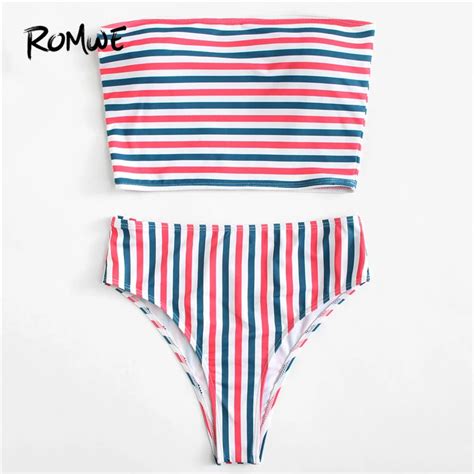 Romwe Sport Striped Bandeau Women Bikini Set Multicolor Striped