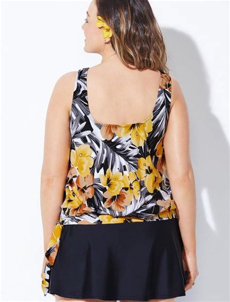 Plus Size Everlasting Floral Side Tie Blouson Tankini With Skirt