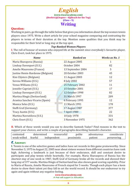 NCERT Solutions For Class 9 English Beehive Chapter 8 Reach For Top