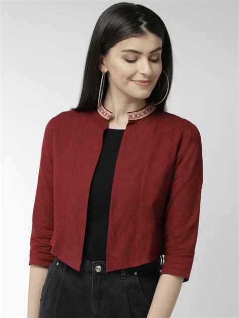 Buy Style Quotient Women Maroon Solid Cropped Open Front Shrug Online