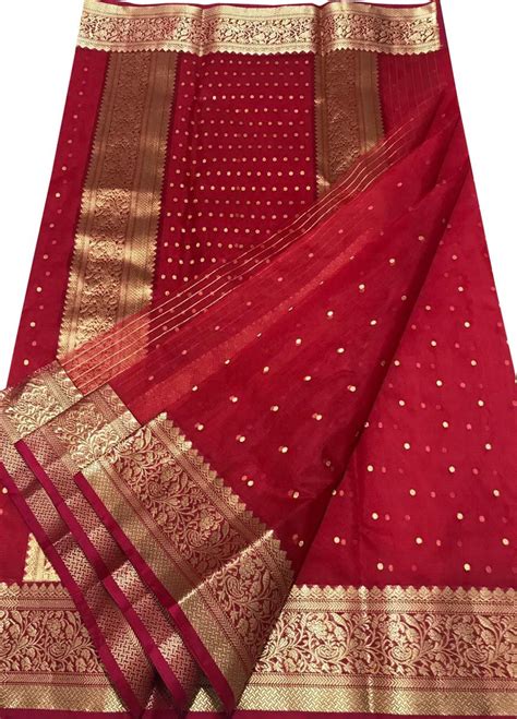 Buy Online Red Handloom Chanderi Pure Katan Silk Ghani Booti Saree