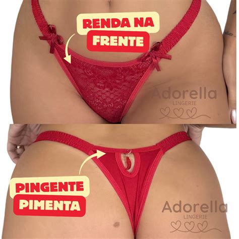 Kit 3 Calcinha Fio Renda Pingente PIMENTINHA String Lingerie Feminina