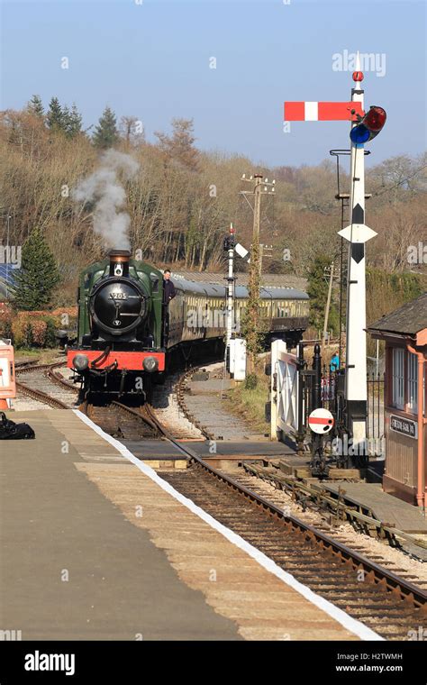 Steam locomotive, 3205, pulling a passenger train approaching Staverton ...