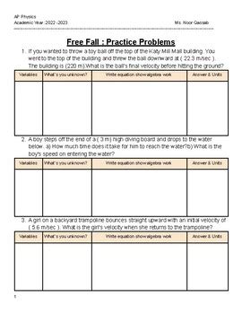 Free Fall Practice Problems By Noor Qassab TPT