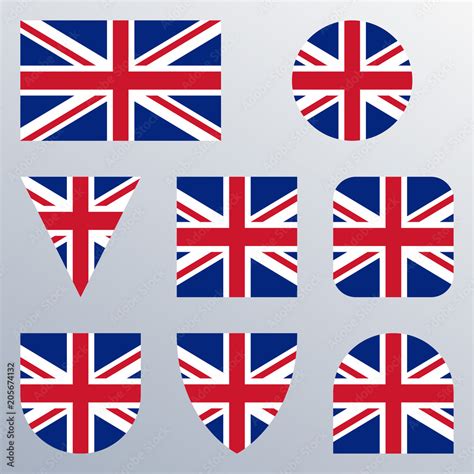 Uk Flag Icon Set British Flag In Different Shapes Great Britain Button Collection Vector