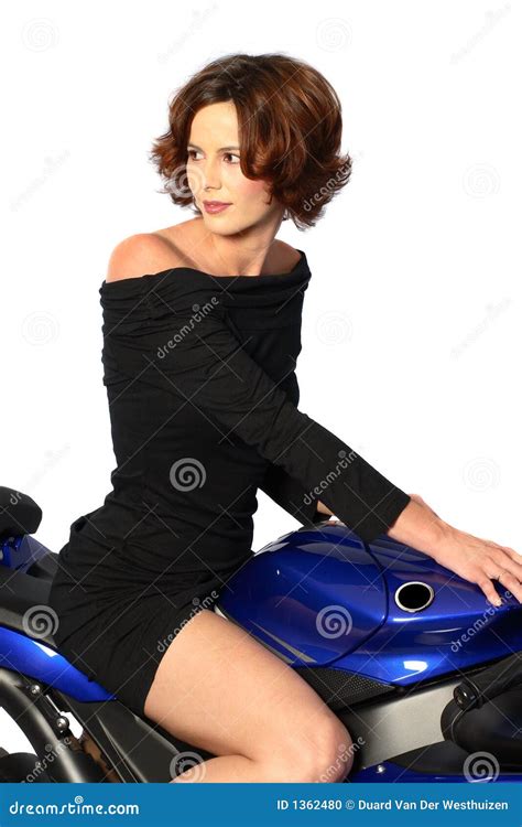 Brunette Girl On Motorcycle Black Dress Stock Photo Image Of Black Sensual 1362480