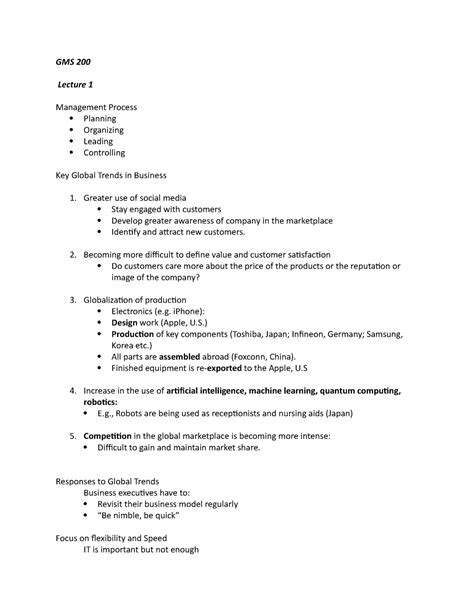 Gms Notes Gms 200 Lecture 1 Management Process Planning Organizing Leading Controlling Key