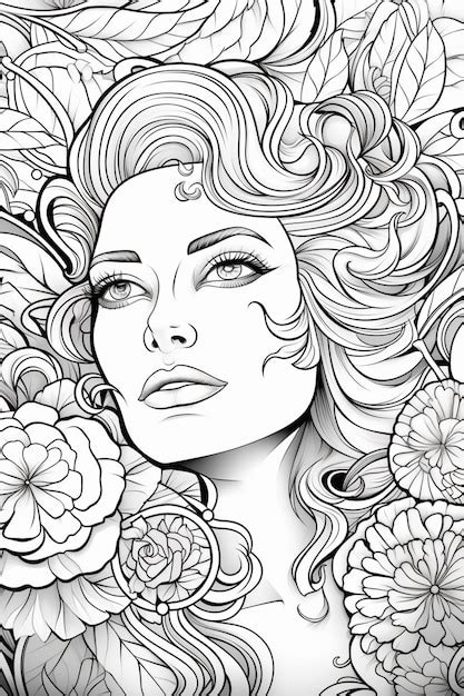 Un Dessin En Noir Et Blanc D Une Femme Avec Des Fleurs Dans Ses Cheveux