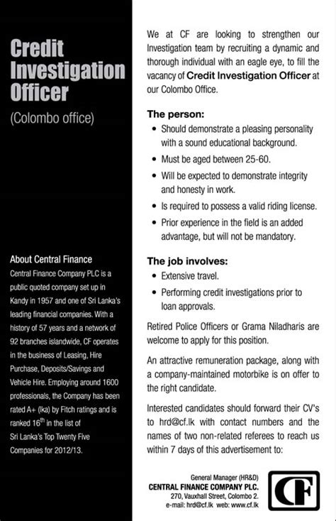 Vacancy For Credit Investigation Officer At Central Finance