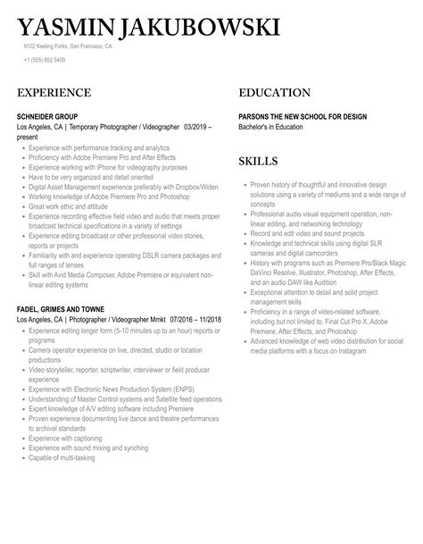 Videographer Resume Samples Velvet Jobs