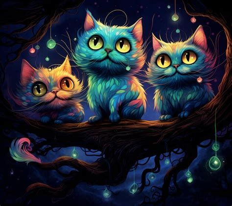 Tres gatos sentados en una rama de un árbol con ojos brillantes