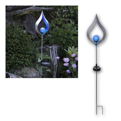 LED Solarstab Melilla Flamme Glaskugel Blau Silber IP44