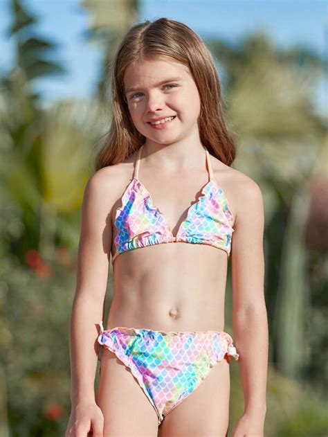 Tween Girl Fish Scales Frill Trim Halter Triangle Bikini Swimsuit