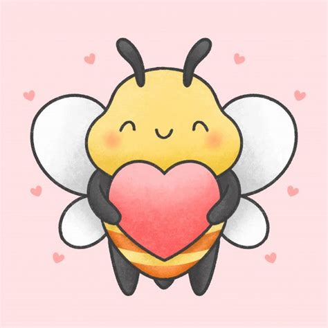 Premium Vector Cute Bee Holding Heart Cartoon Hand Drawn Style Bee