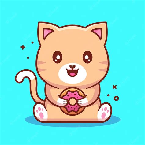 Милый кот каваи держит пончик мультяшный вектор значок иллюстрации ...