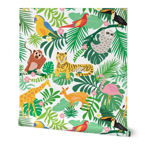 Fun Joyful Jungle Animals on white - Wallpaper | Spoonflower