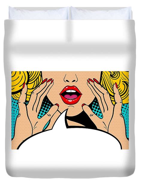 Sexy Surprised Blonde Pop Art Woman With Open Mouth And Rising Hands Screaming Announcement