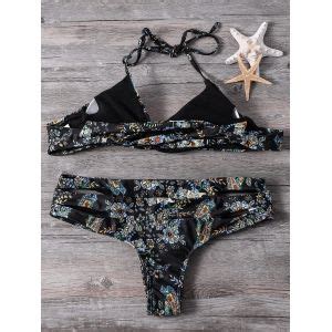 Black S Halter Floral Print Cut Out Bikini Set For Women RoseGal