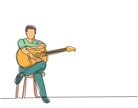 Dessin Au Trait Continu Unique D Un Jeune Guitariste Masculin Assis