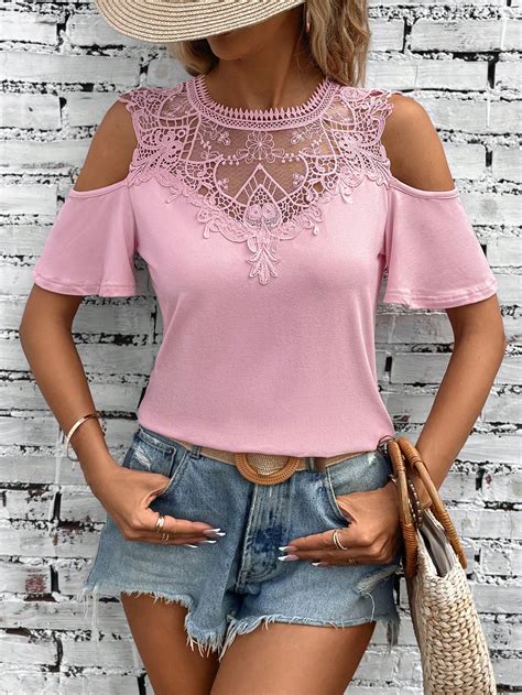 Shein Lune Contrast Guipure Lace Cold Shoulder Tee Shein Usa