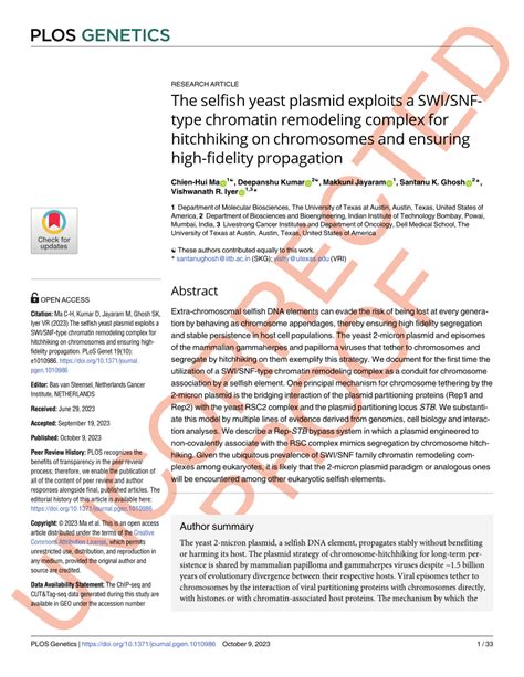 Pdf The Selfish Yeast Plasmid Exploits A Swi Snf Type Chromatin