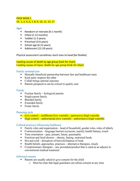 Peds Week Lecture And Review Peds Week Ch