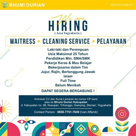 Lowongan Kerja Waitres Cleaning Service Pelayanan Di Bhumi Durian