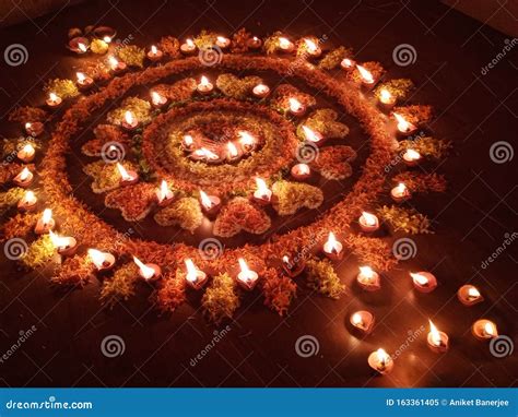 Rangoli with Flowers and Diya. Stock Image - Image of flowers, happy ...