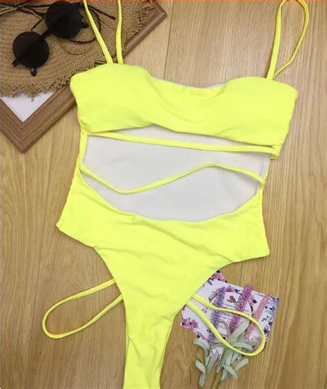 Sexy Thong One Piece Swimsuit 2019 Women Solid Bandage Bathing Suit Swimwear Yellow Pink Black