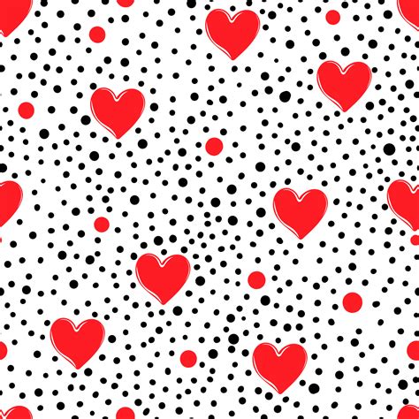 Seamless Pattern Of Red Hearts And Polka Dot On White Background