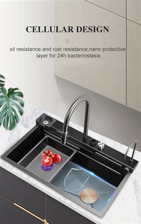 304 Stainless Steel Metal Kitchen Sink Sets With Flying Rainfall Waterfall Faucet And T Cup